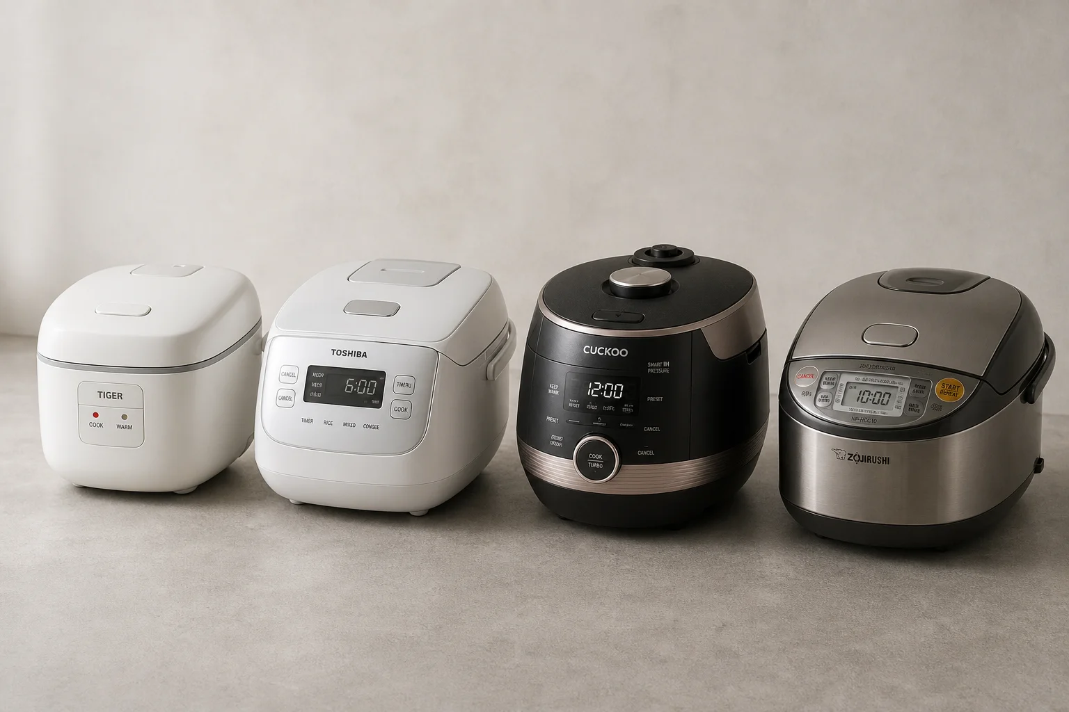 Four rice cookers arranged on concrete surface showing different models and designs