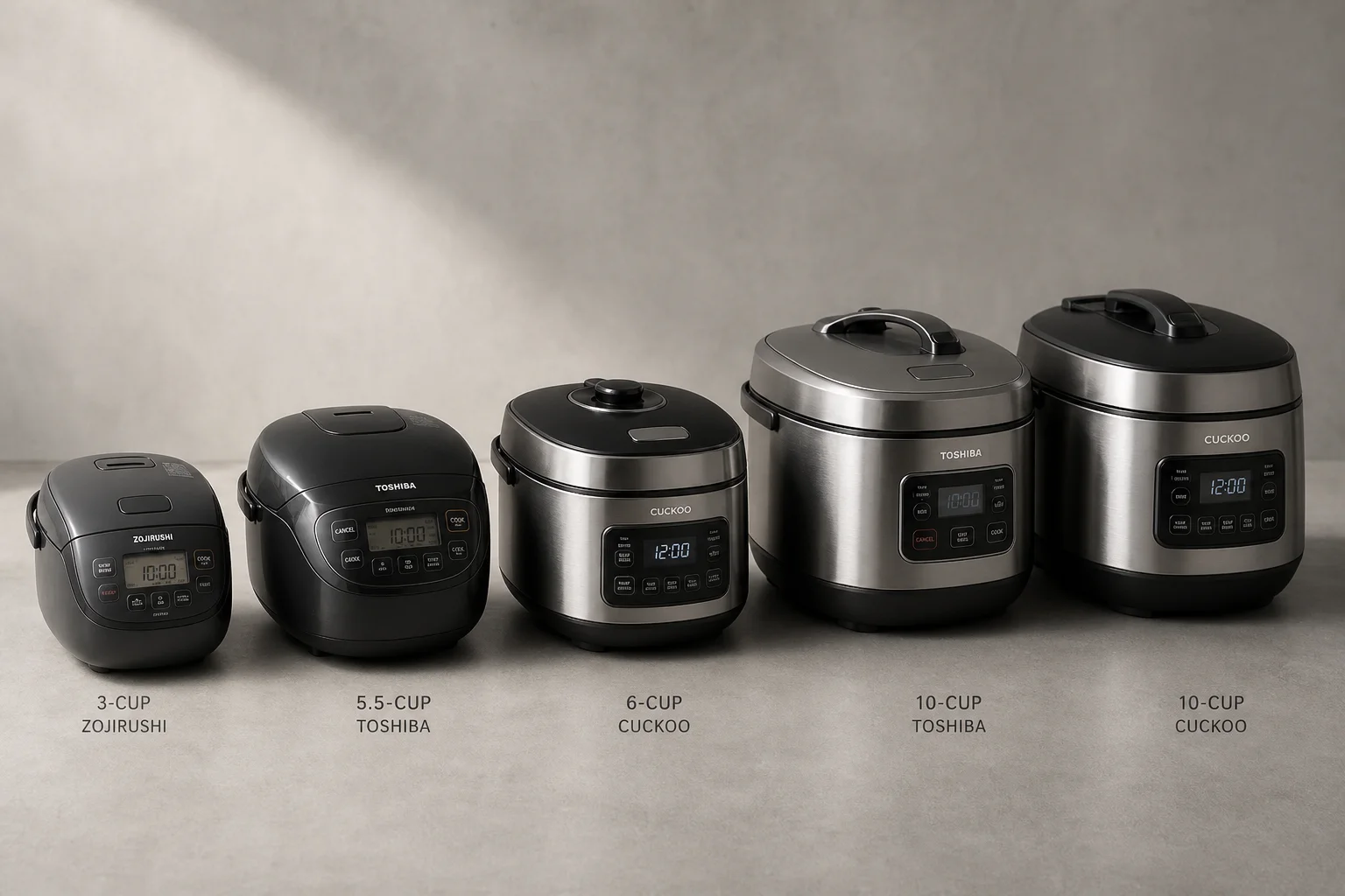 Five rice cookers arranged by size from compact to large capacity on concrete surface