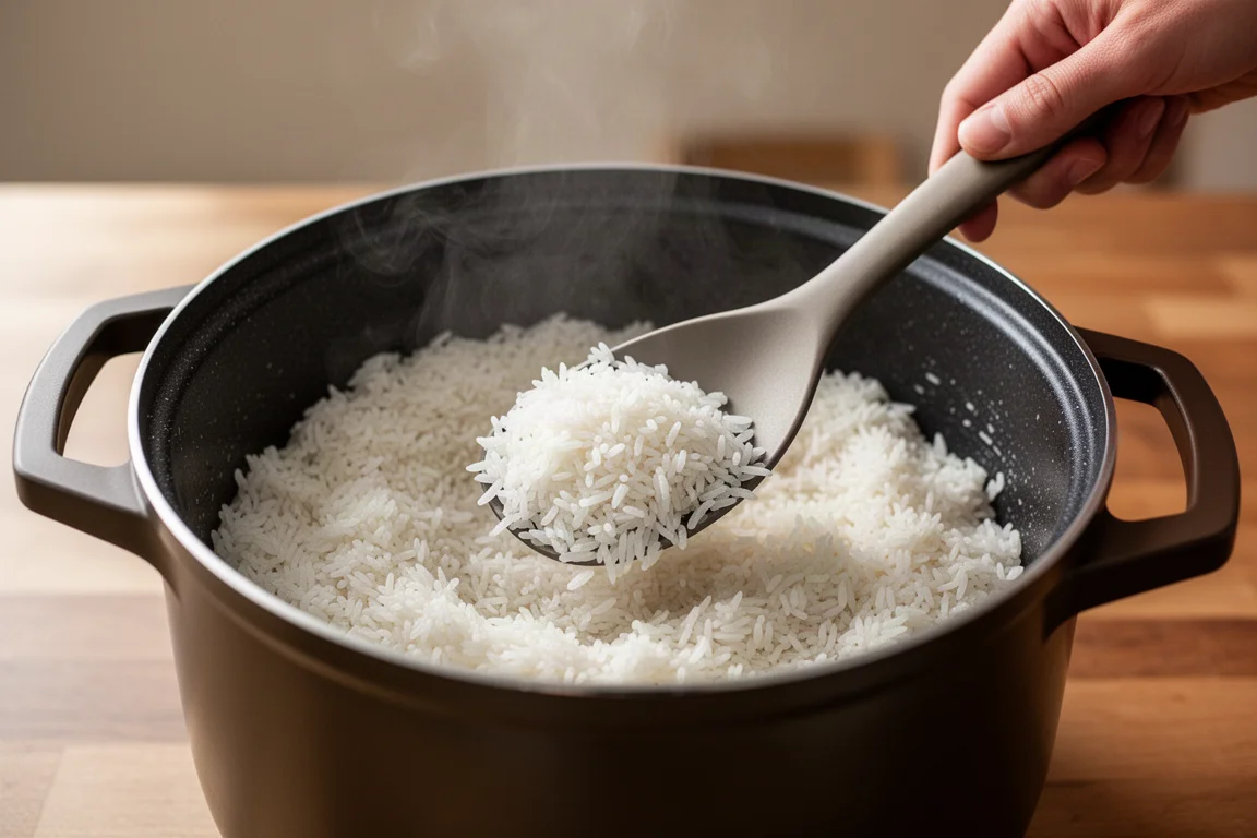 Fluffy white rice being fluffed with a paddle in a non-stick inner pot