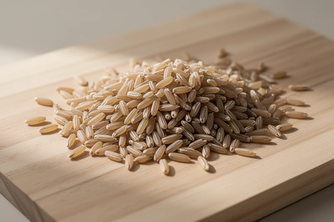 Brown rice grains with intact hulls spread on a wooden board