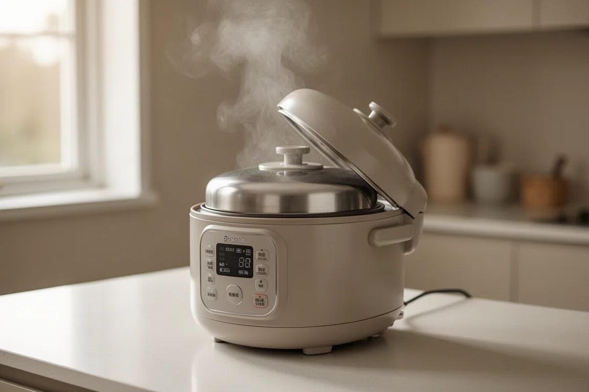 Rice cooker lid opening on a kitchen counter with steam rising