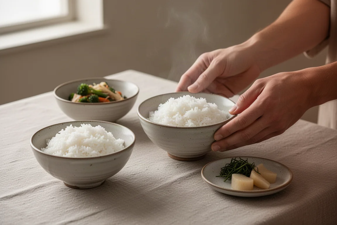 Family dinner table with bowls of steamed rice and side dishes