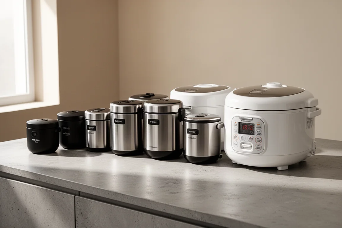 Eight rice cookers of different sizes lined up on a kitchen counter