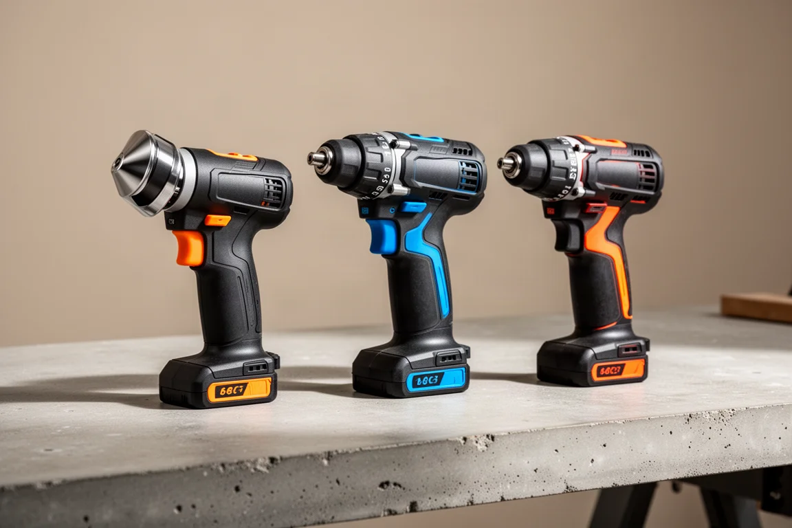 Three compact right angle drills arranged on a concrete workbench