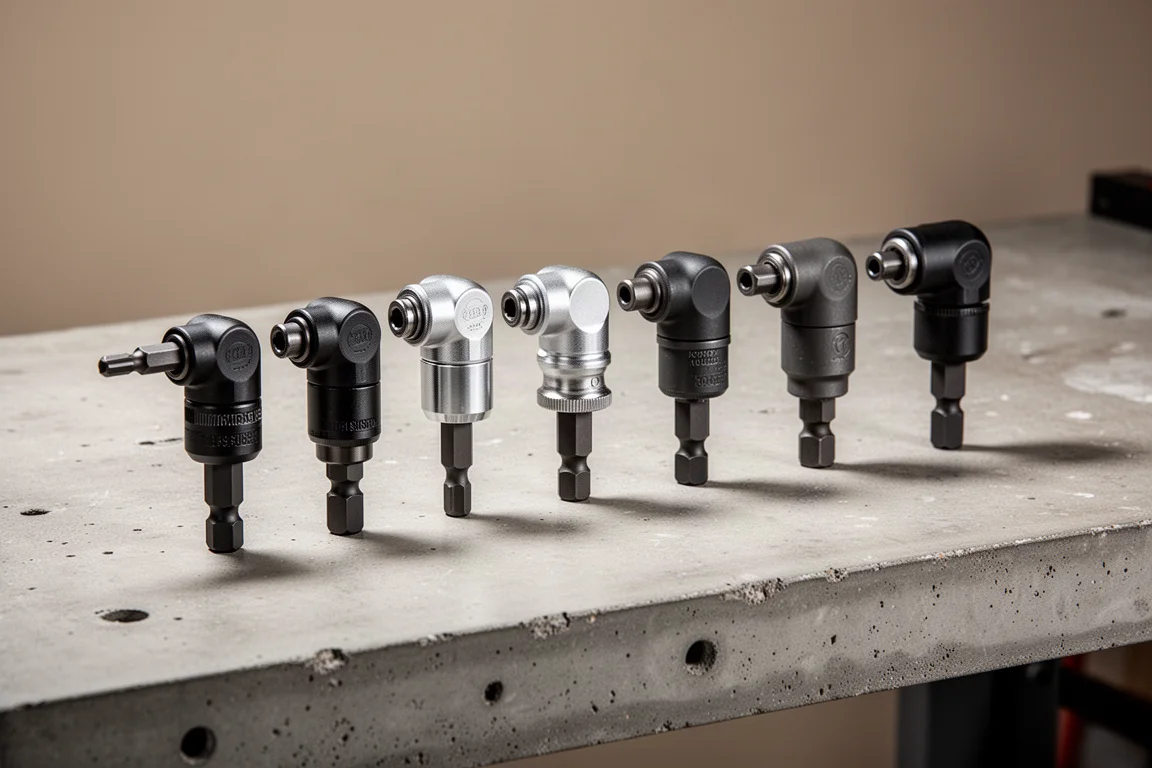 Row of compact right angle impact adapters on a concrete workshop bench