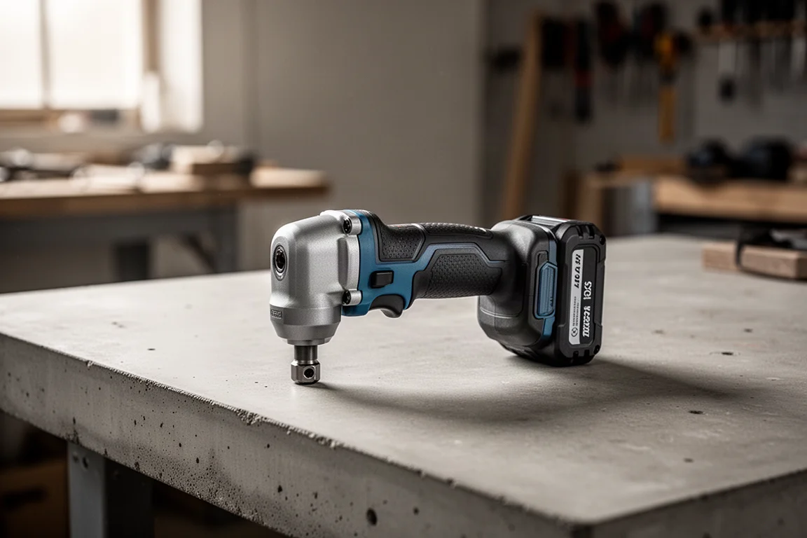 Compact right angle impact driver resting on a workshop bench