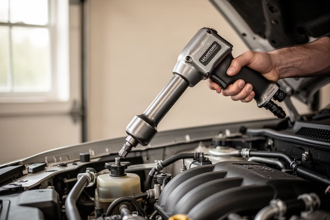 Right angle impact wrench reaching into a vehicle engine bay