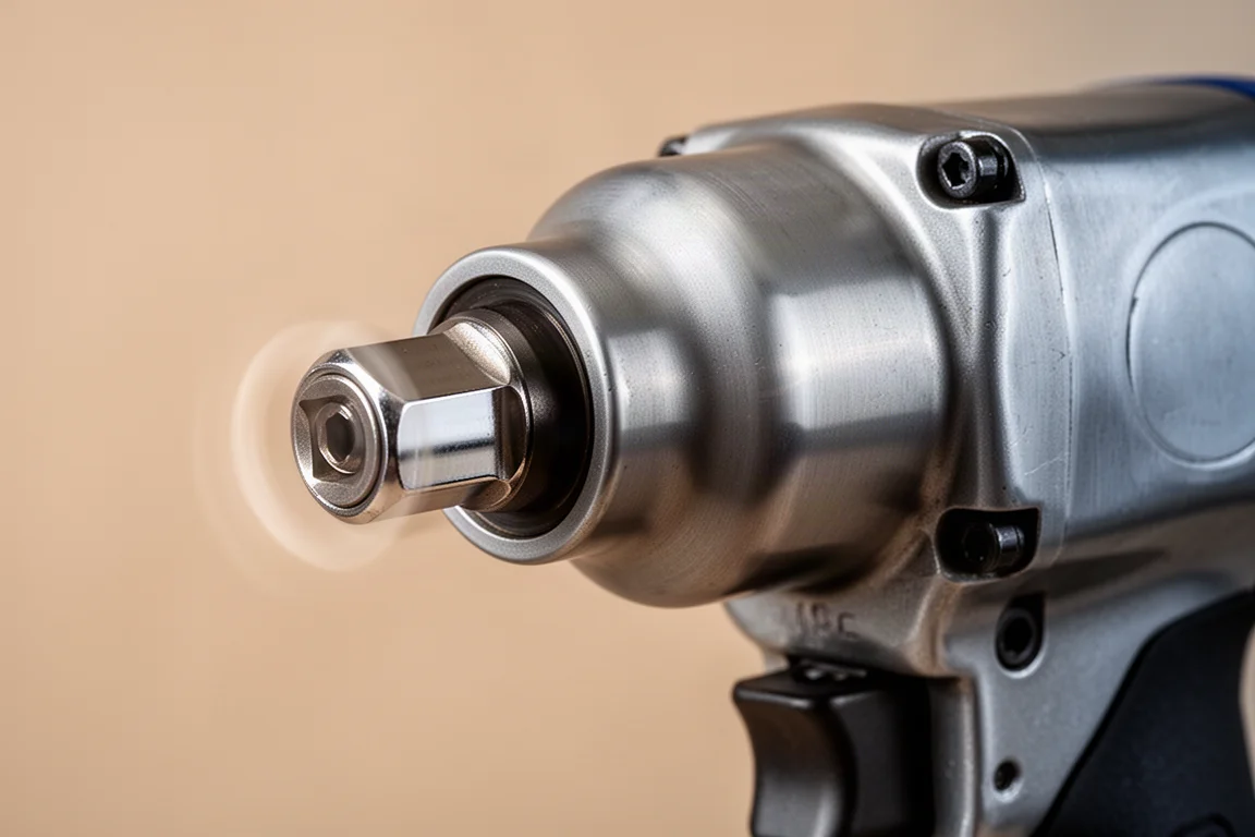 Close-up of a right angle impact wrench head spinning a socket