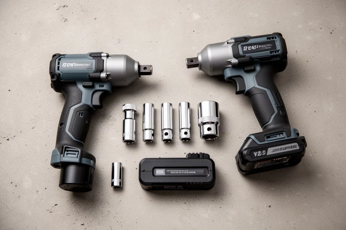 Overhead flat-lay of right angle impact tools and accessories on concrete