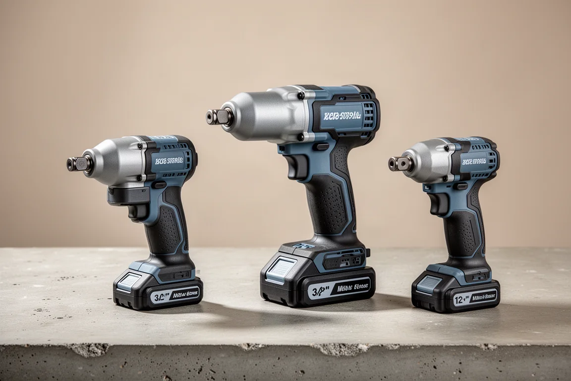 Three right angle impact tools side by side on a concrete workshop surface