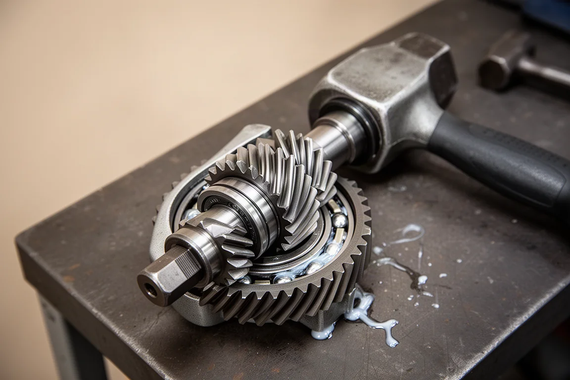 Cabeça de chave de impacto angular desmontada mostrando engrenagens empilhadas