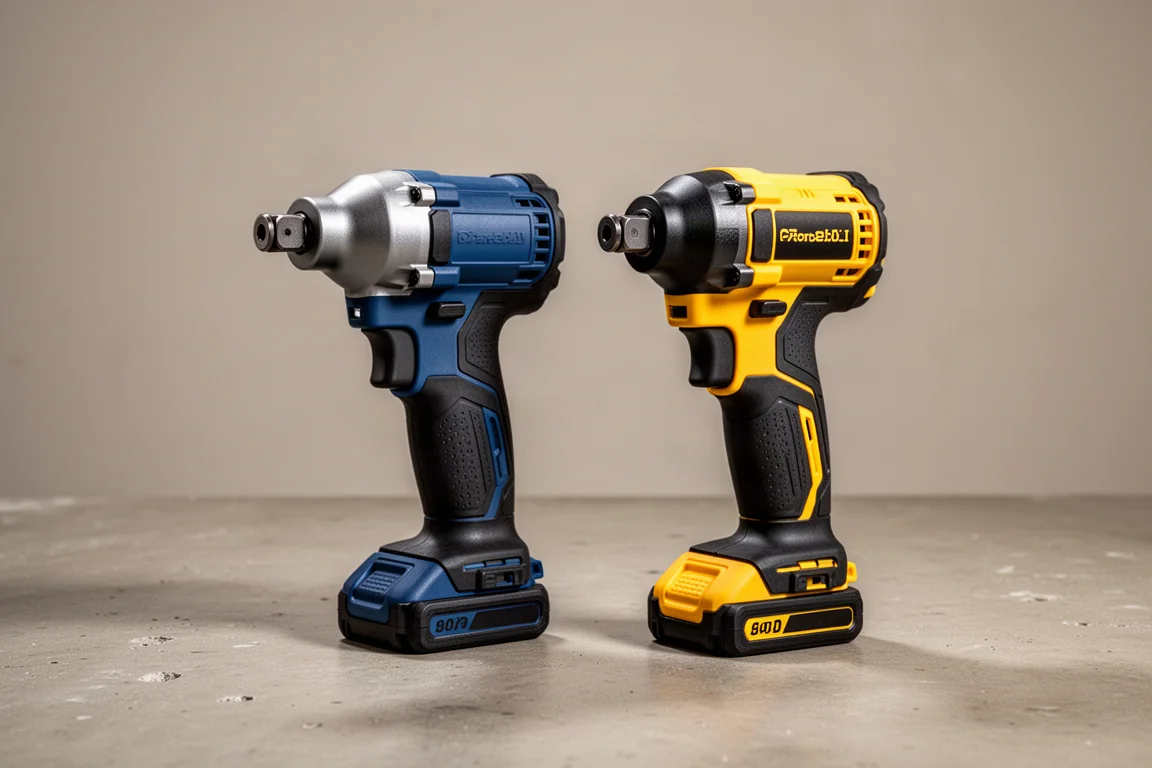 Blue Makita XL04Z and yellow Alloy Power right angle impact wrenches on concrete