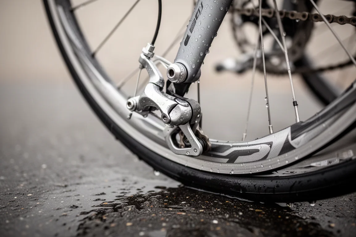Close-up van een dual pivot velgrem die een aluminium wegwielvelg vastgrijpt op nat asfalt