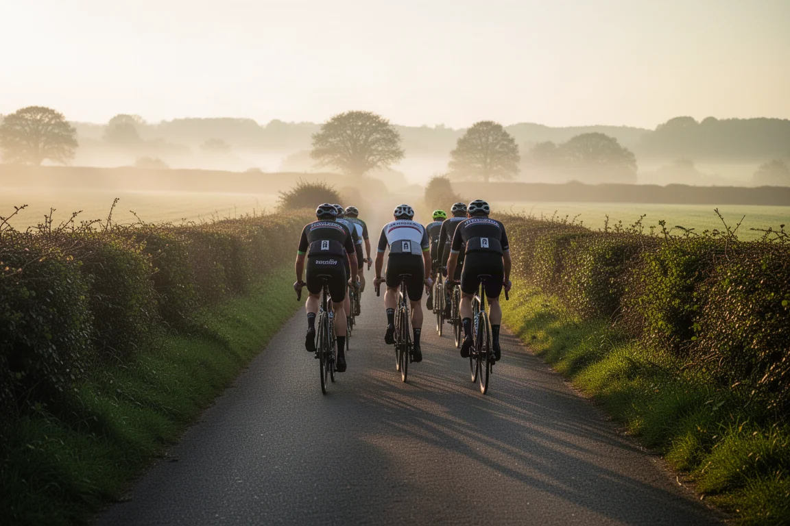 Kleine groep wielrenners op racefietsen met velgremmen op een rustig landweggetje bij zonsopgang