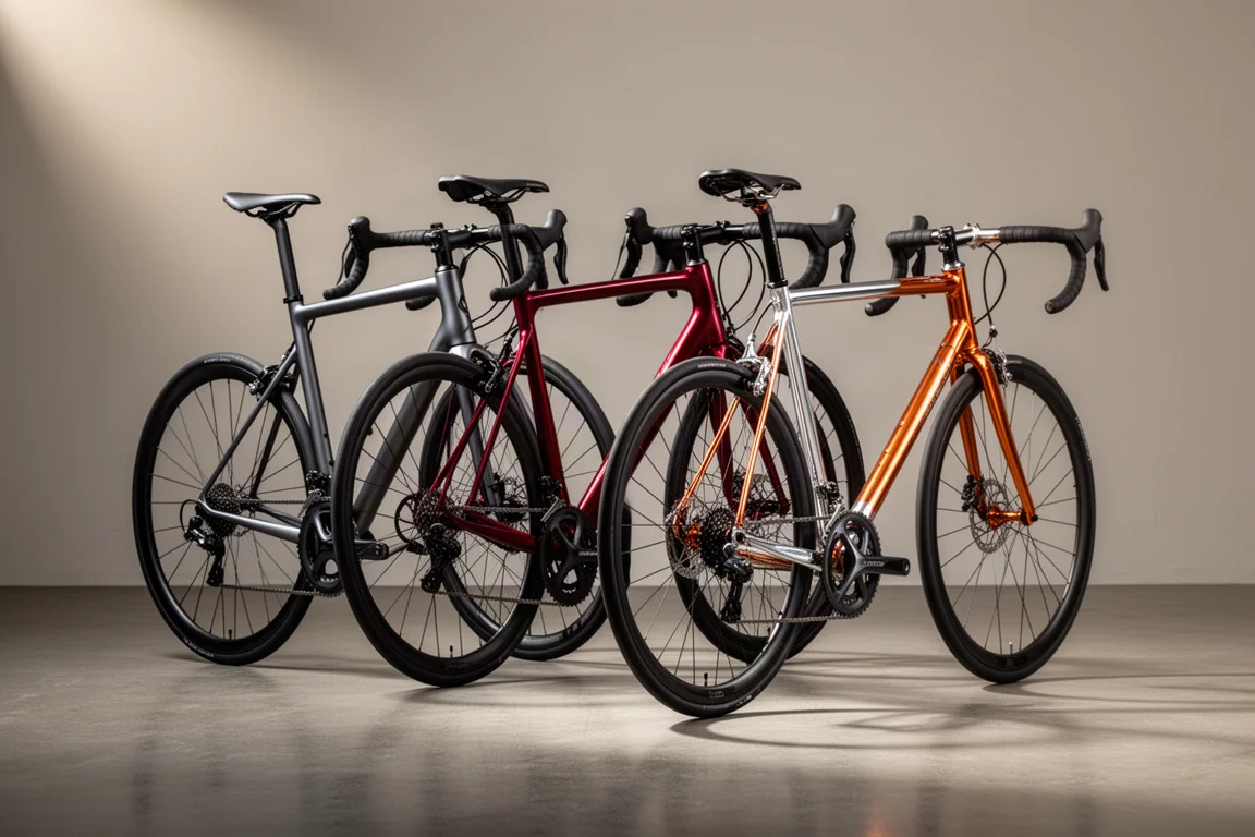 Drie racefietsen met velgremmen naast elkaar op een grijze betonvloer