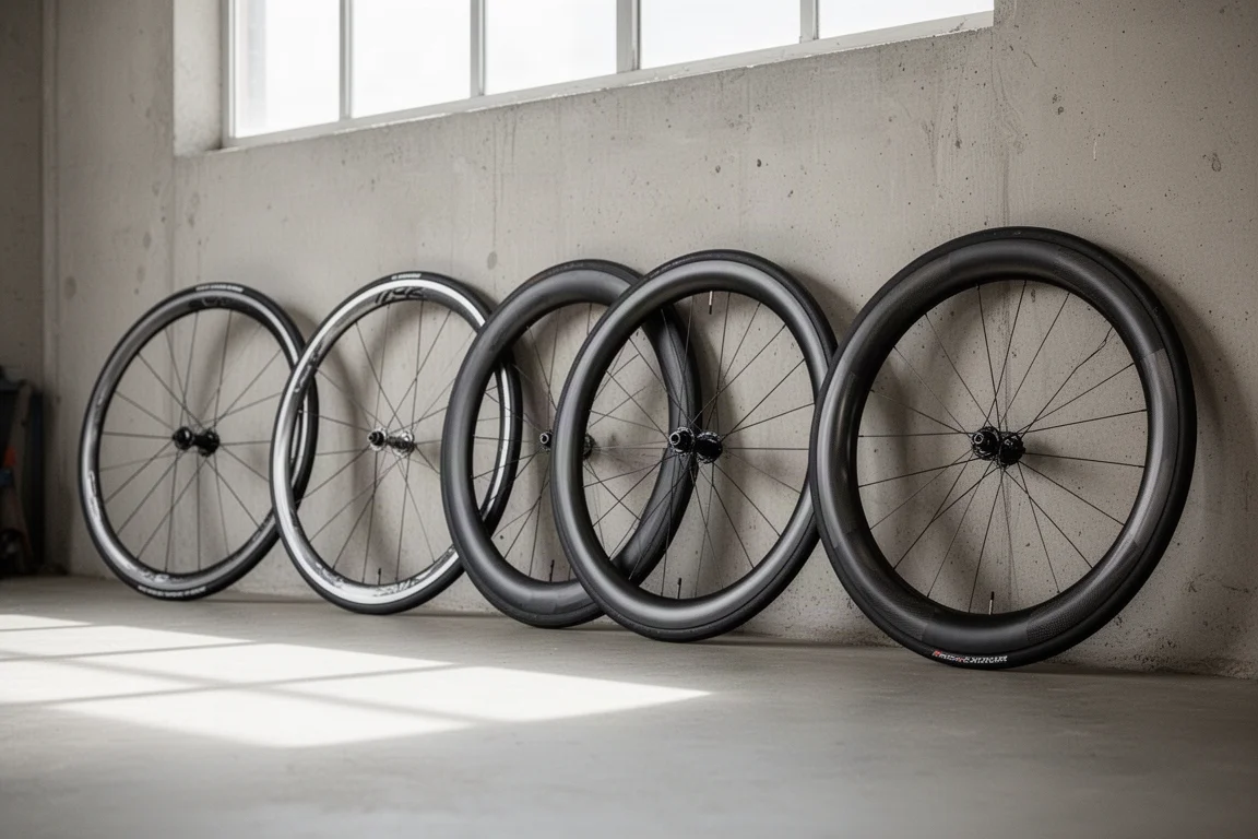 Ruote da bici da strada di diverse profondità di cerchio allineate contro la parete di un'officina