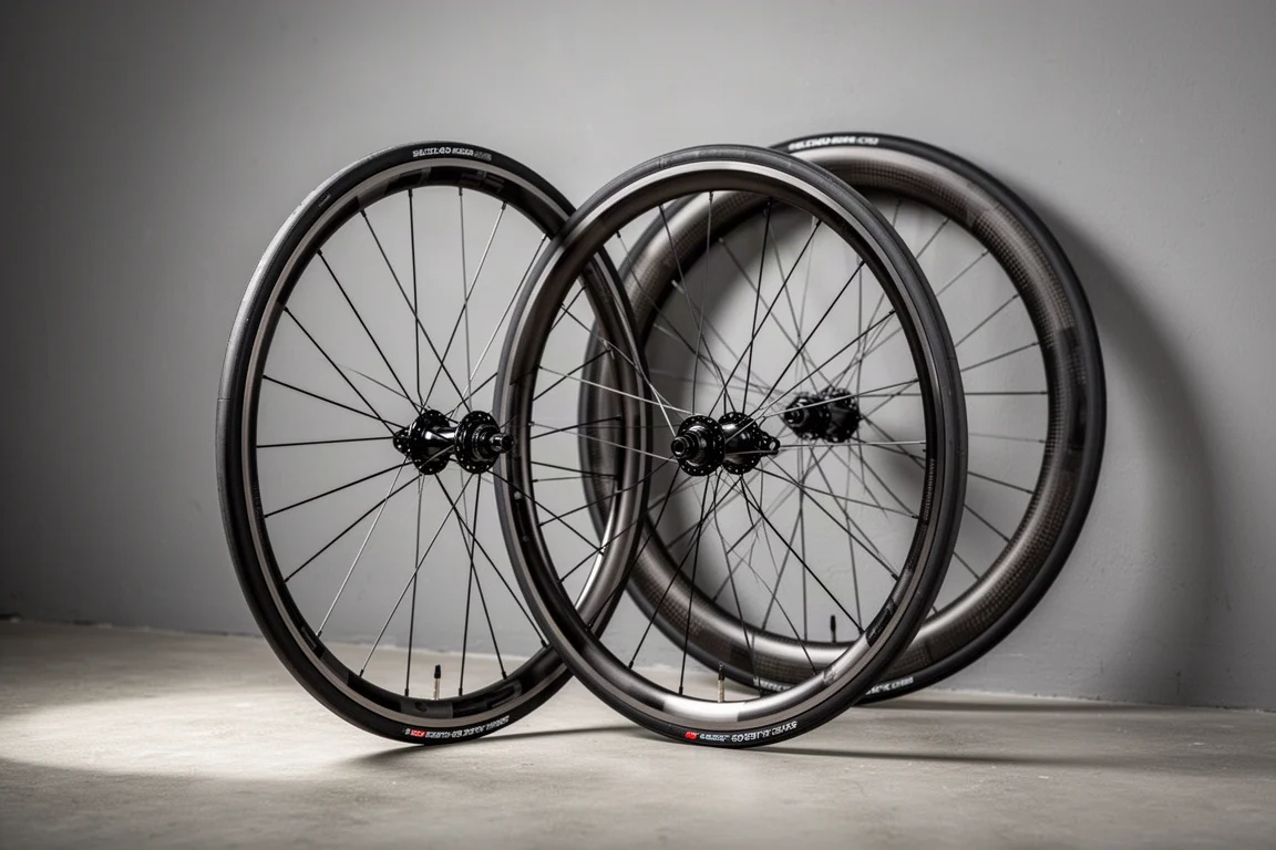Ruote per bici da strada con freni a cerchione di diverse profondità su una superficie in cemento