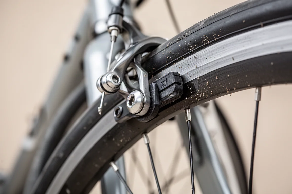 Pinza freno a cerchione con pattini nuovi che mordono la pista frenante di una ruota stradale in alluminio