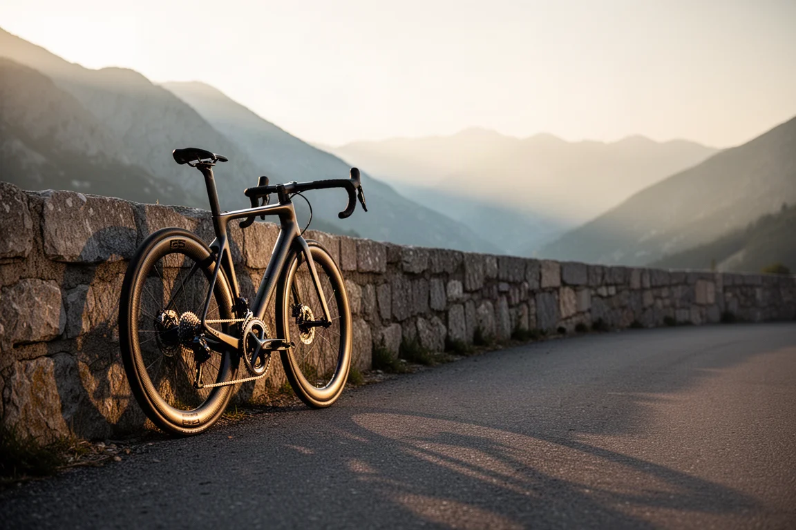Bici da strada a freni a cerchione con ruote in carbonio profonde appoggiata a un muro di pietra su un passo di montagna