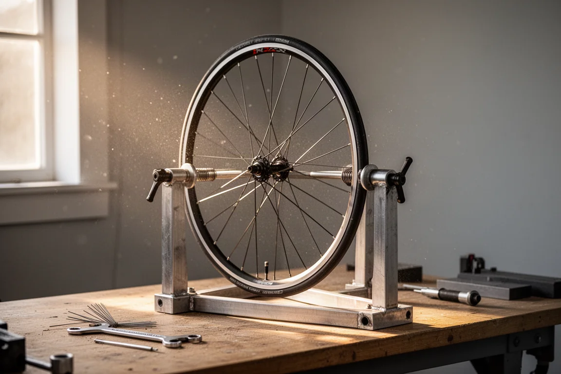 Ruota di bici da strada montata su un cavalletto per la centratura in acciaio in officina, con attrezzi sul banco