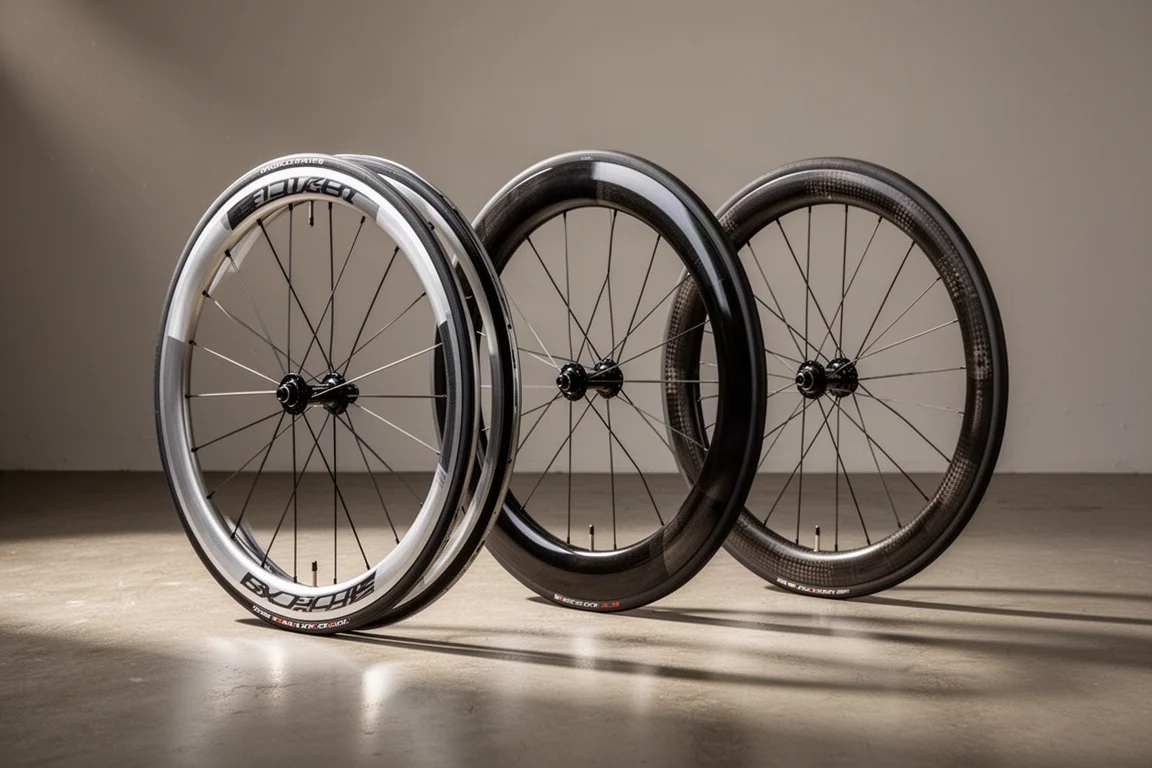 Three rim brake road wheelsets in alloy and carbon arranged on a concrete floor