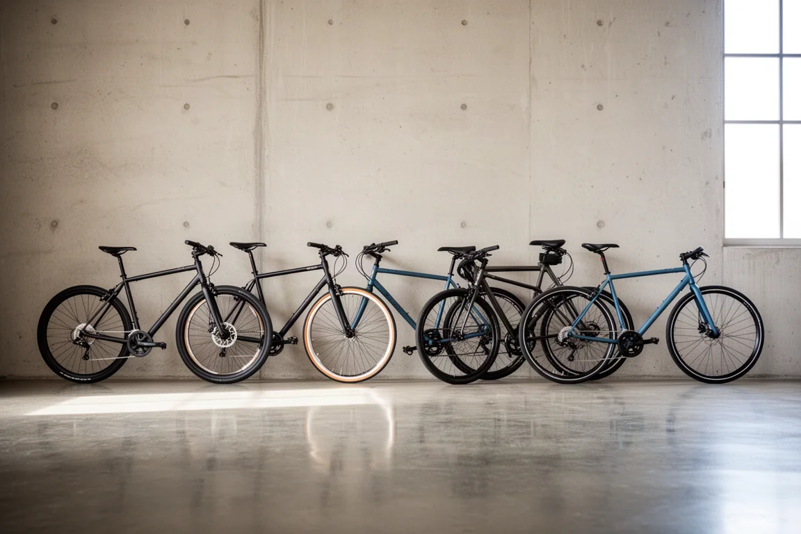 Diverse bici da strada e gravel allineate contro una parete di cemento in un laboratorio luminoso