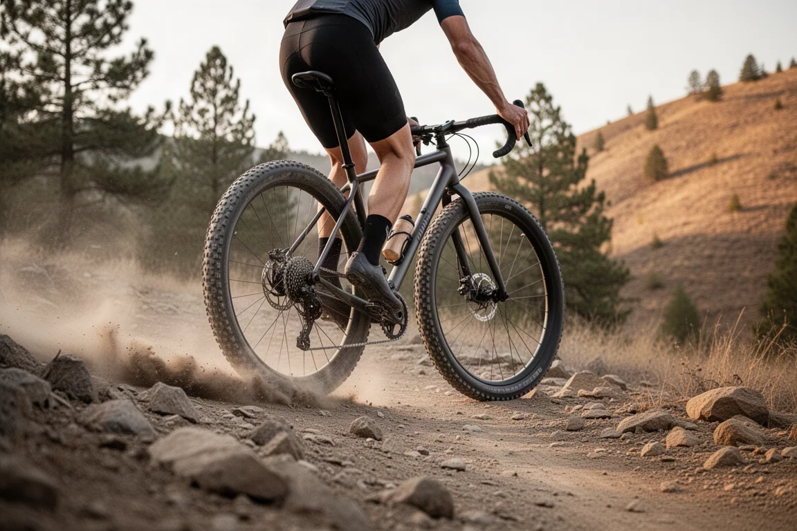 Ciclista gravel in discesa su un sentiero tecnico roccioso con polvere che si alza dietro la ruota posteriore