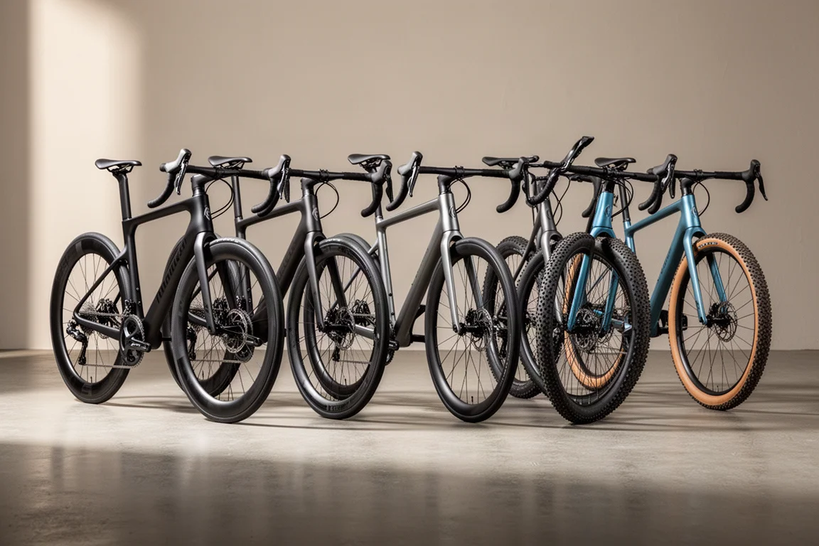 Een rij aero racefietsen, endurance-racefietsen en gravelfietsen op een gladde betonnen vloer