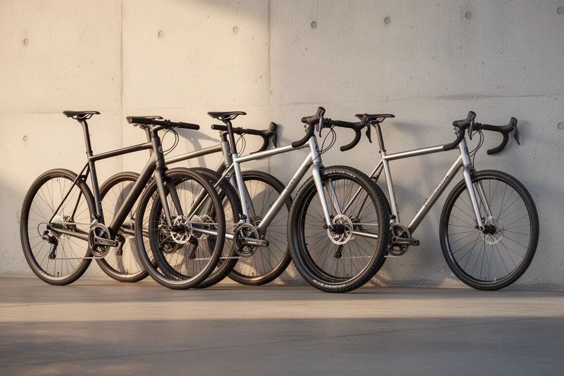 Roestvrijstalen, titanium en aluminium fietsen opgesteld in een lichte werkplaats