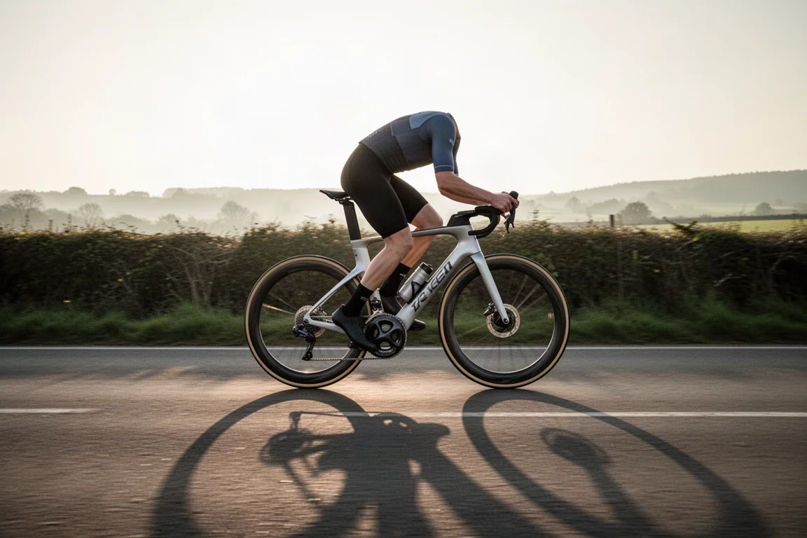 Reihe von Straßen- und Gravel-Bikes, die im Licht des späten Nachmittags an einer Betonwand lehnen