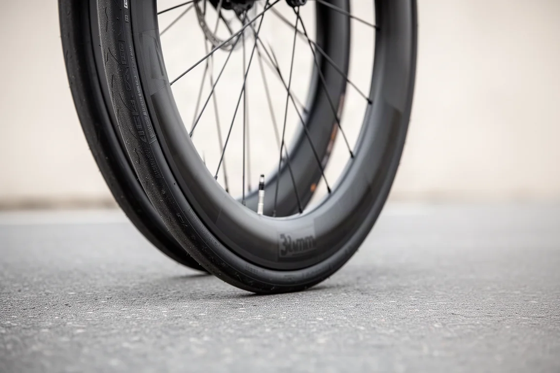 Aero-Rennrad in starker Schräglage auf einem abgesperrten Rundkurs in tiefer Abendsonne