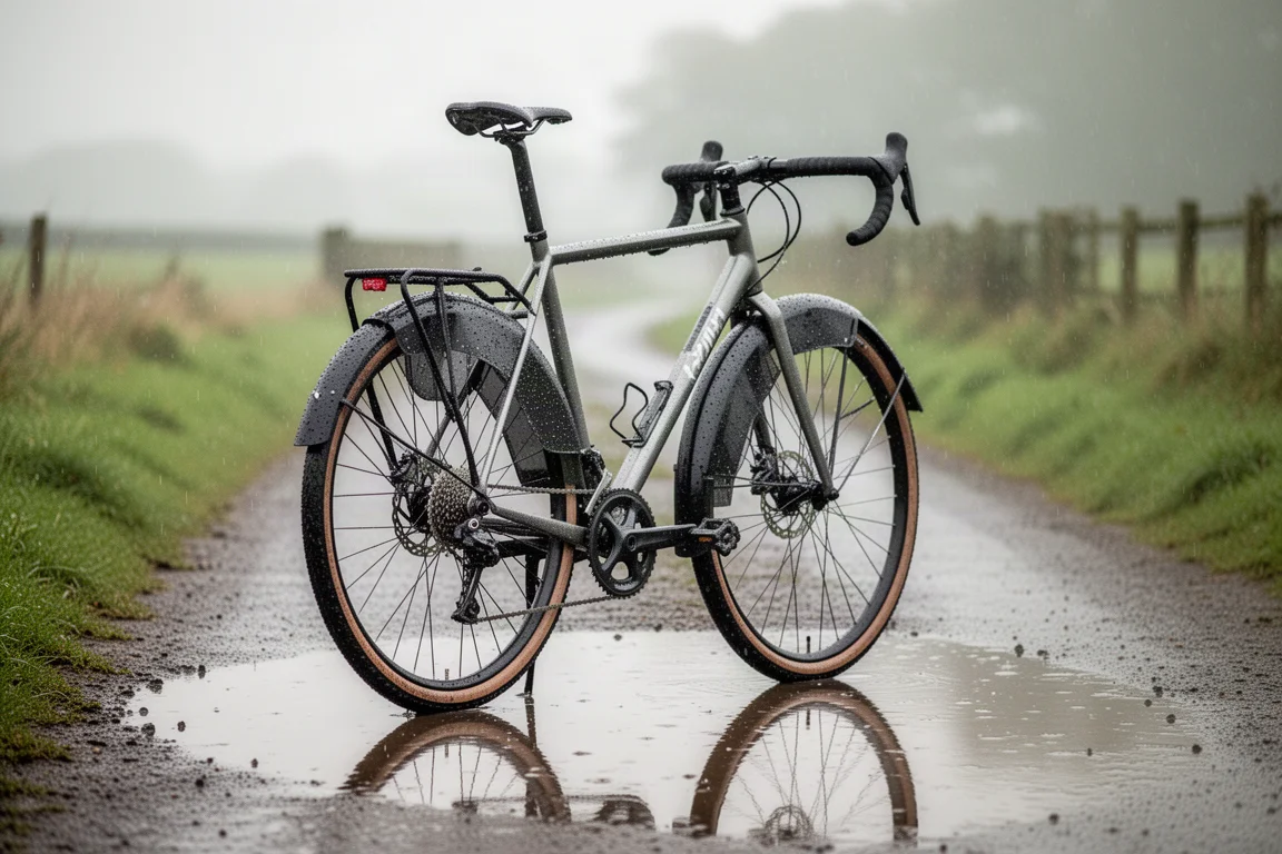 Gravel-Bike wechselt bei weichem Nachmittagslicht von Asphalt auf einen trockenen Schotterweg