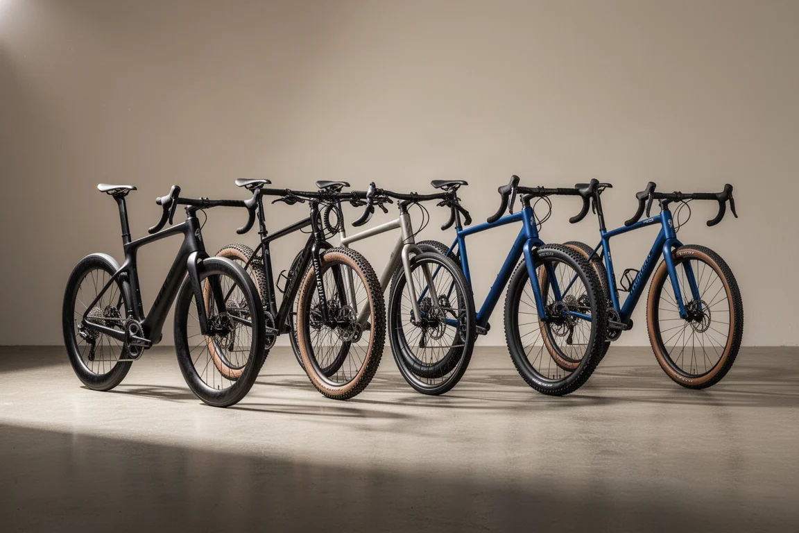 Lightweight carbon road bike and gravel bike side by side on a concrete studio floor