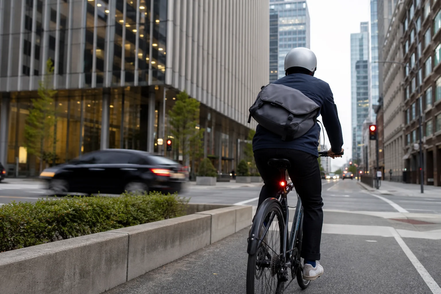 Cyclist commuting through urban environment on a city street