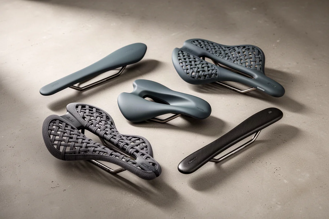 Two road bike saddles of different widths side by side on a concrete surface