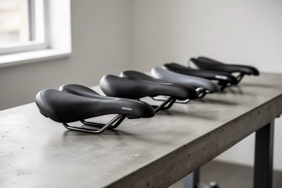 Row of bicycle saddles of different shapes on a workbench in a fitting studio