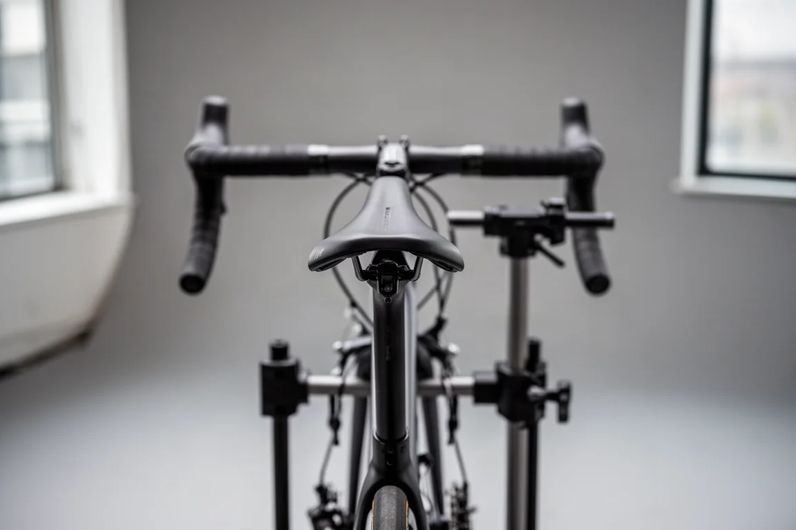 Road bike on a fitting rig with a short-nose saddle in sharp focus