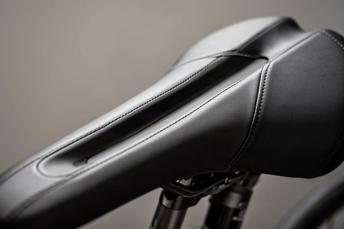 Macro detail of a narrow bicycle saddle with a deep central relief channel