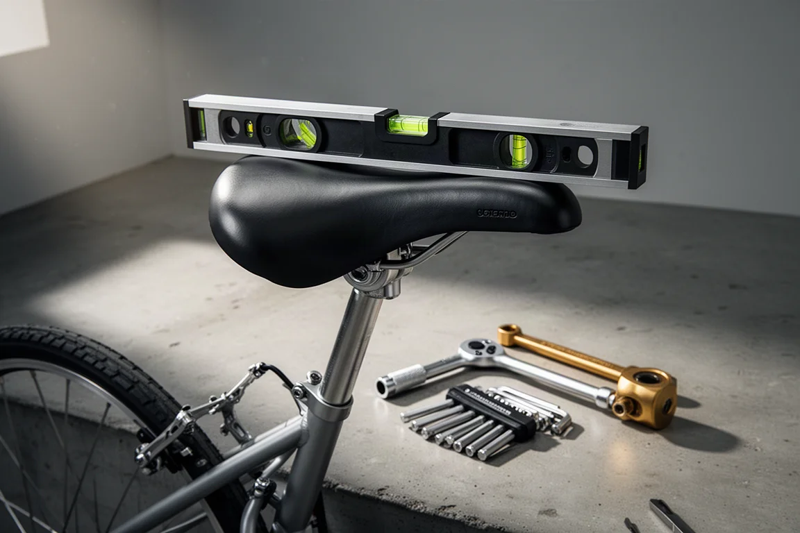 Spirit level on a bicycle saddle with tools resting on the floor beside it