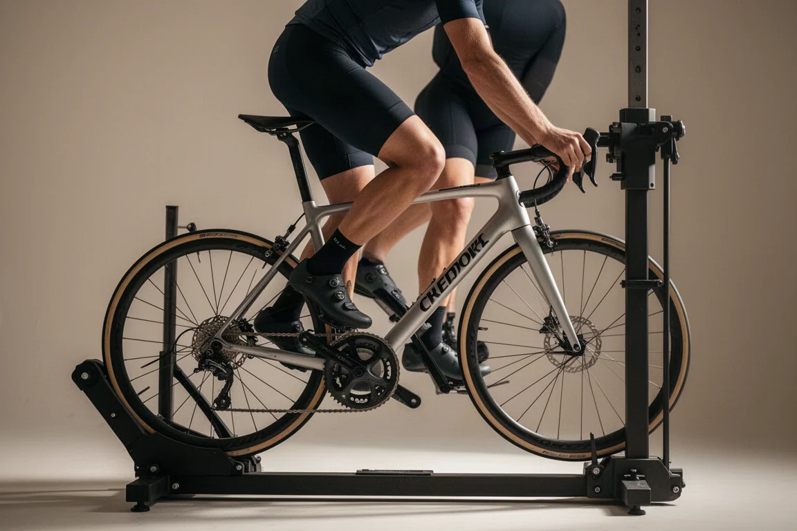 Side view of a cyclist's legs pedalling on an indoor bike fitting rig