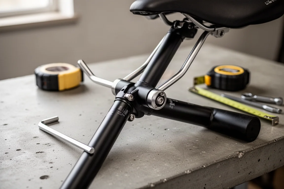 Close-up of saddle rails and seatpost clamp with an Allen key on a workbench