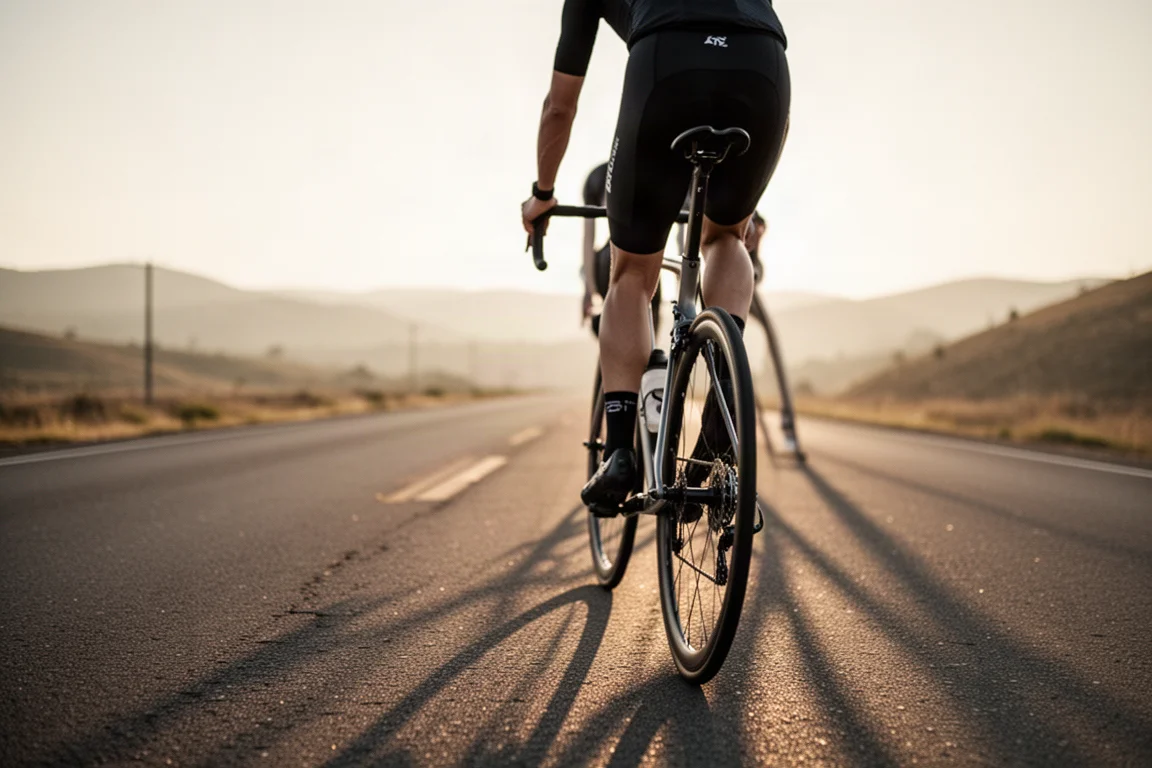 Rear view of a road cyclist riding away along an empty road at golden hour