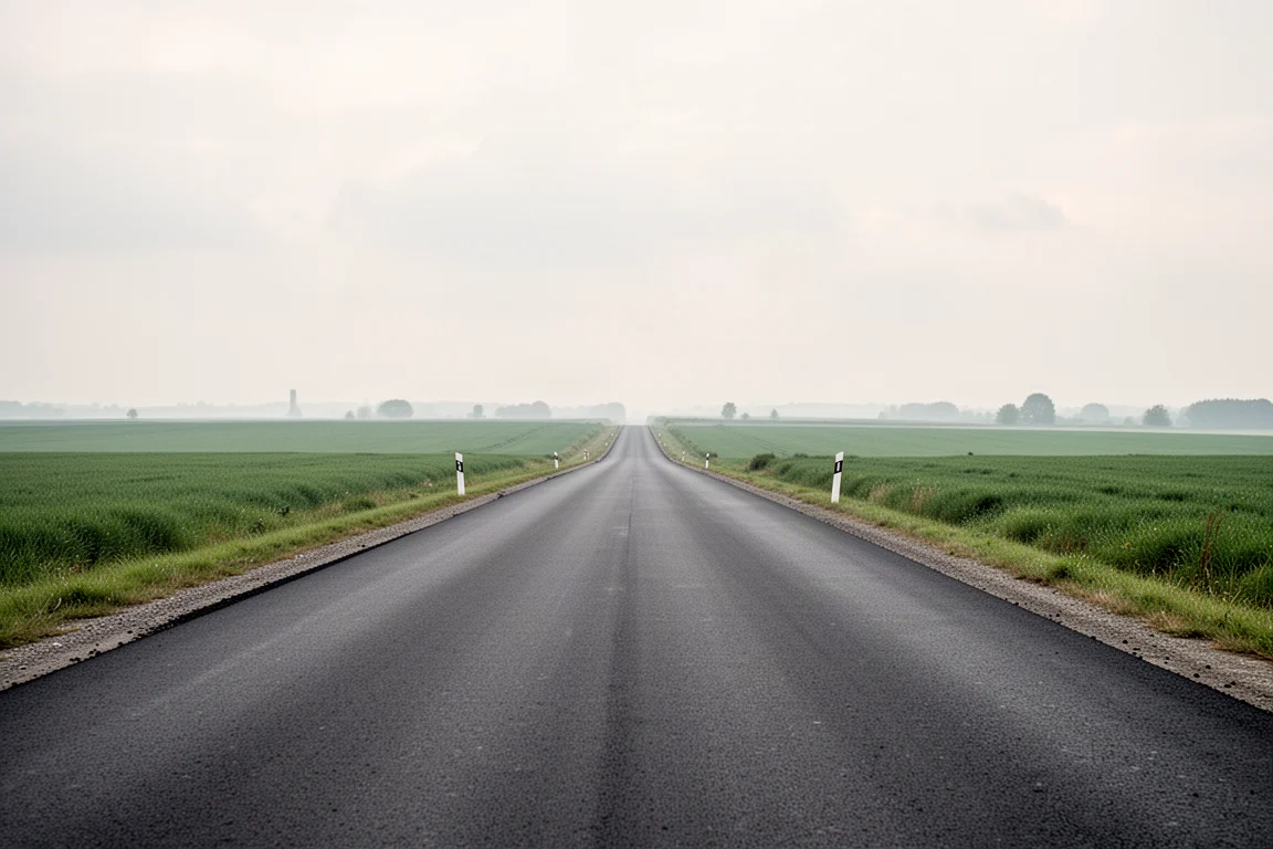 Leere, flache Landstraße mit frischem dunklem Asphalt, der sich in Richtung grüner Felder erstreckt