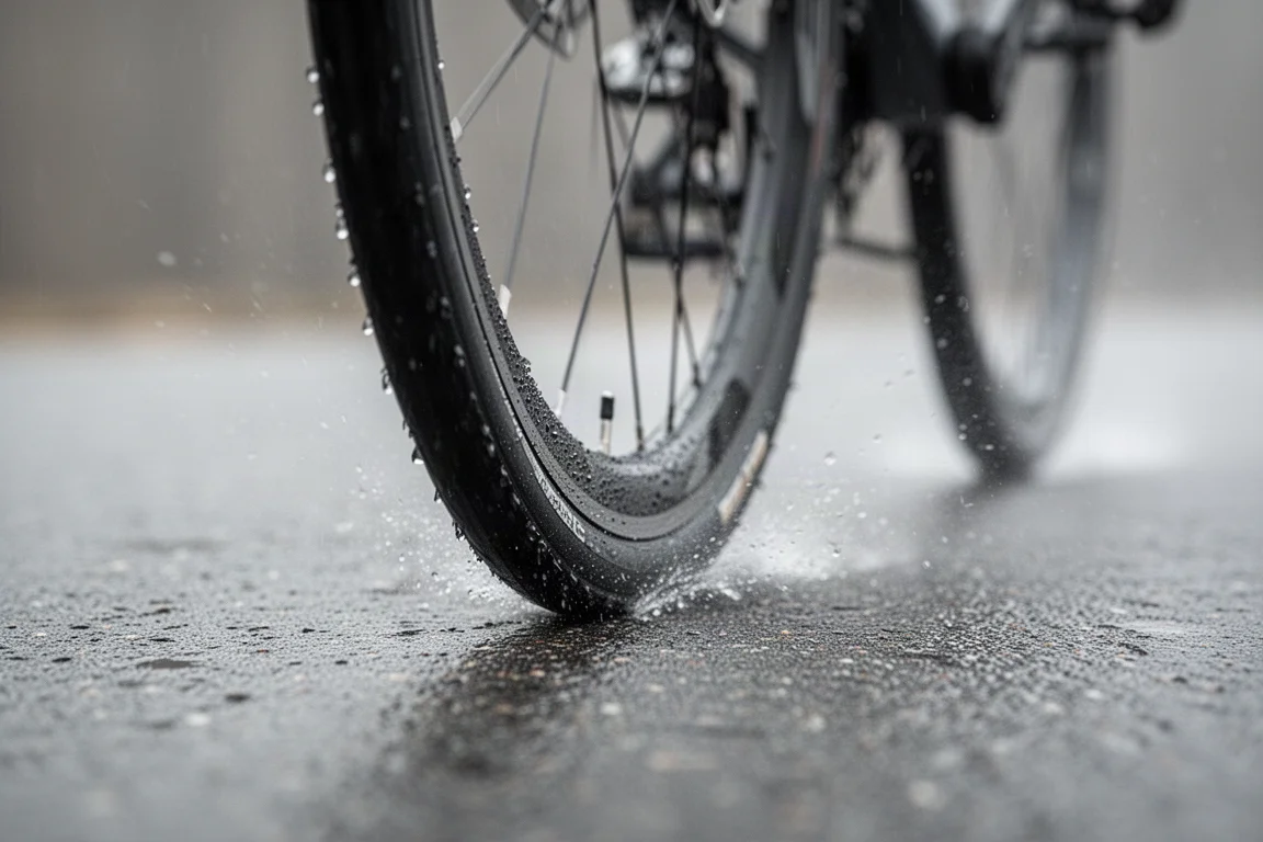 Nahaufnahme eines Rennradreifens, der auf feuchtem Asphalt greift und Wassertropfen abperlen lässt