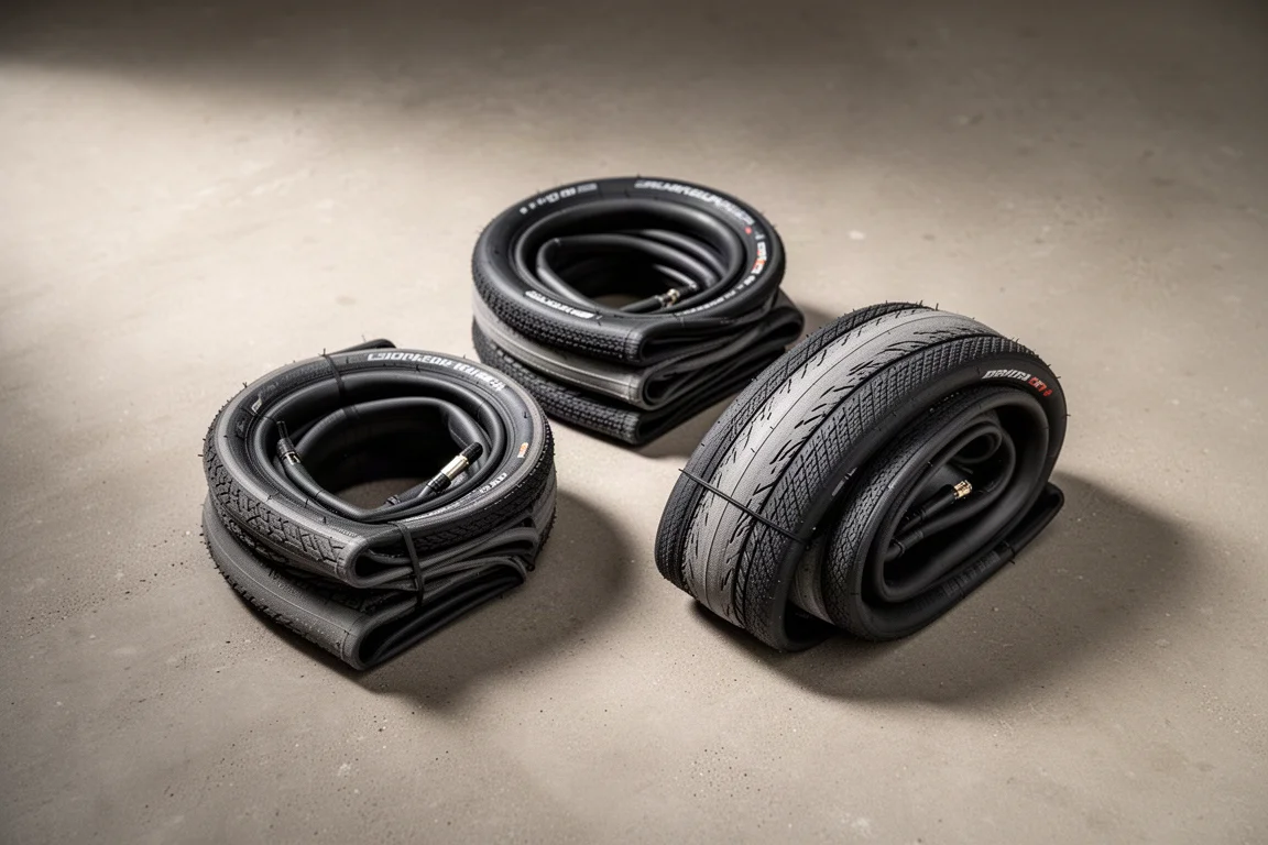 Tre copertoncini tubeless da strada da 30 mm avvolti su una superficie di cemento opaco