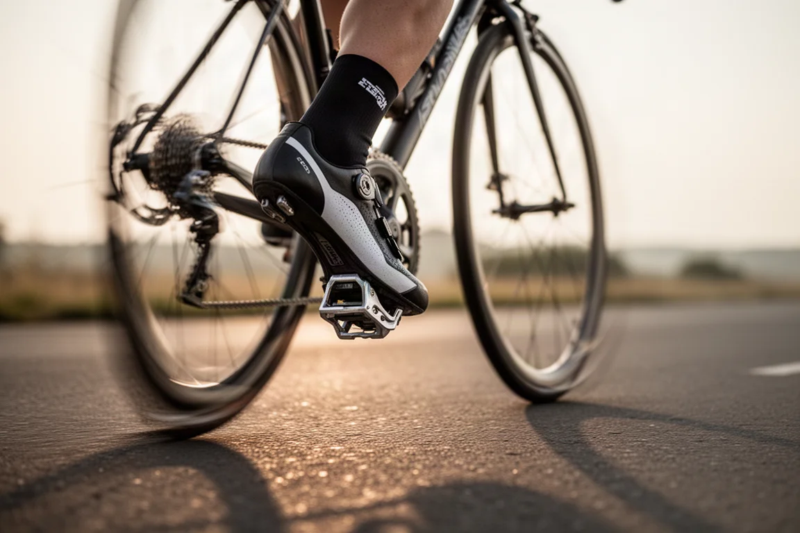 Rennradschuh, der auf einer ruhigen Asphaltstraße in ein Clipless-Pedal einklickt