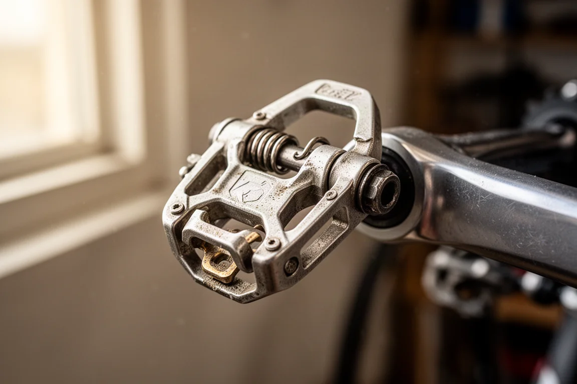 Nahaufnahme eines Rennradpedals mit Metallkörper und sichtbarer Federmechanik