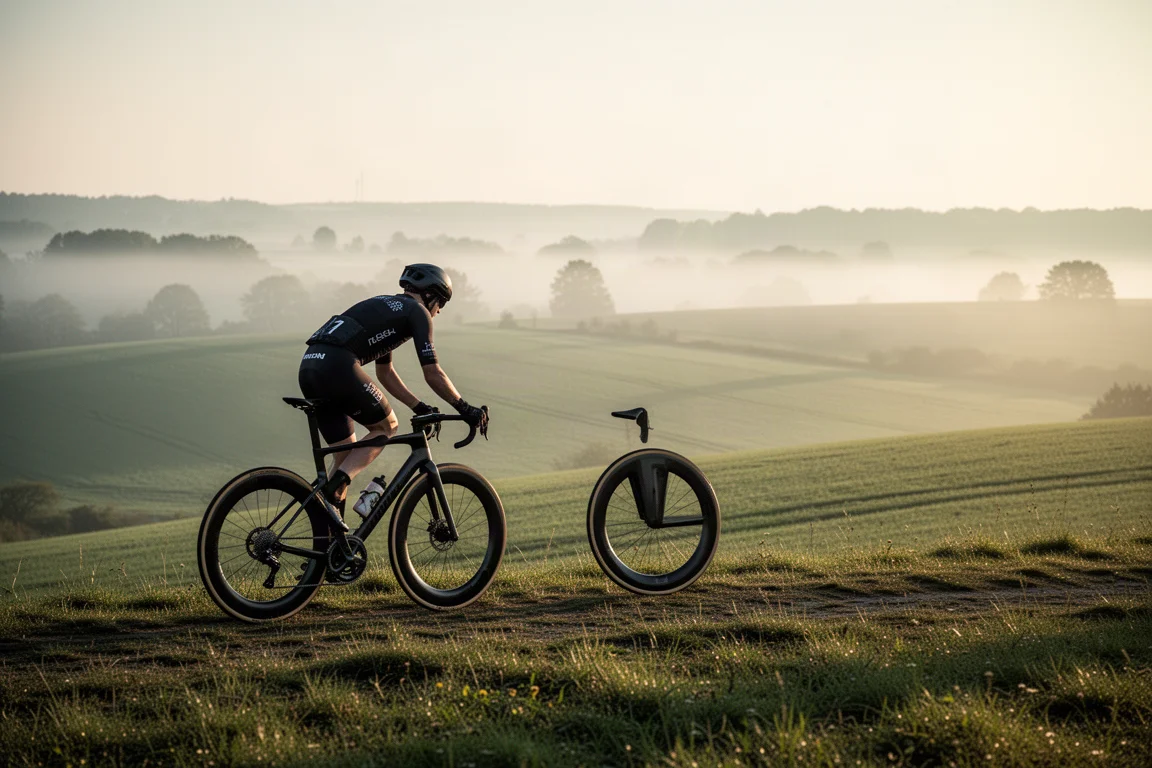 Rennradfahrer, der mit tiefen Carbon-Laufrädern einen Hügel hinauffährt