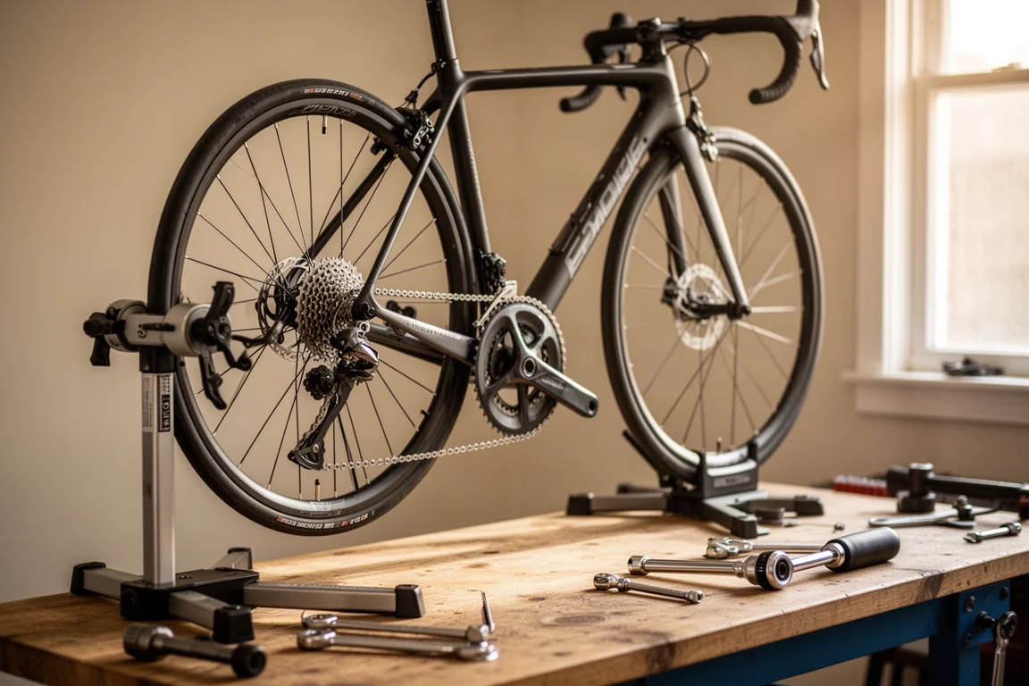 Rennrad auf einem Montageständer in der heimischen Werkstatt mit Werkzeugen auf einer Bank daneben