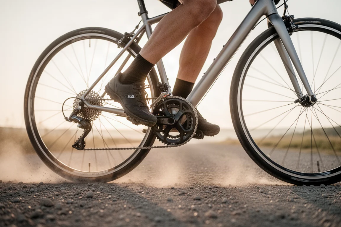 Nahaufnahme eines Fahrerfußes auf einem Pedal bei einer Fahrt auf einer Schotterstraße im Morgengrauen